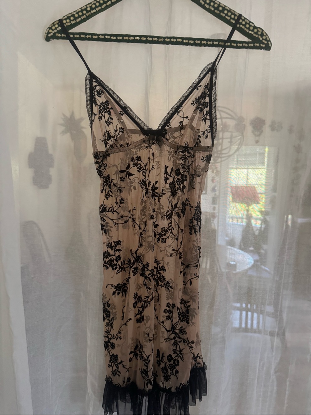 Vintage Cosabella Nude and Black Floral Sheer Lace Chemise